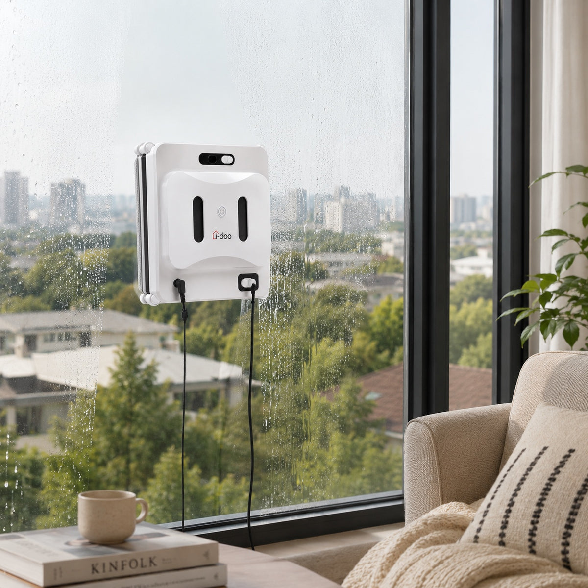 i-DOO window robot cleaning a large home window