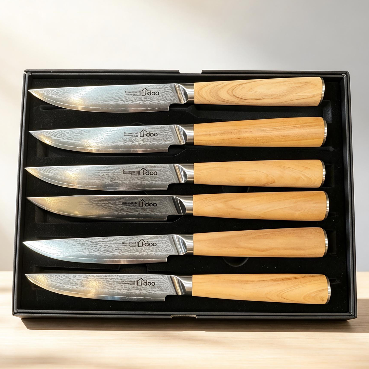 MAPLE 6-Piece AUS-10 Damascus Steak Knife Set — Olive Wood | Gift Set
