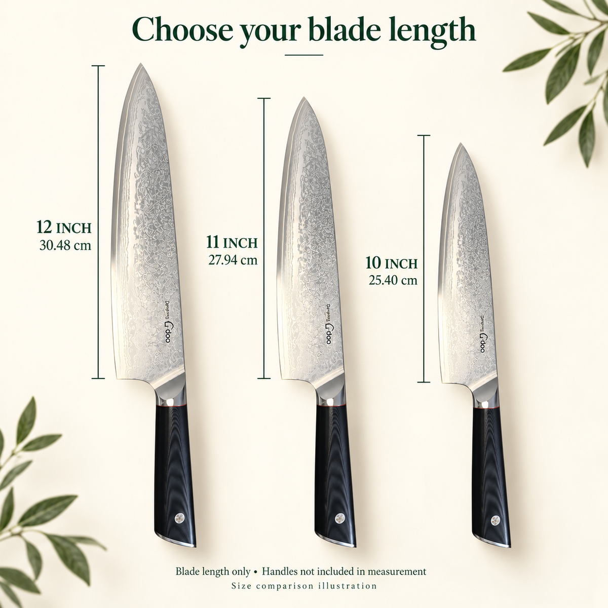 Chef knife blade length comparison: 12 inch (30.48 cm), 11 inch (27.94 cm), 10 inch (25.40 cm). Size illustration; handles excluded.