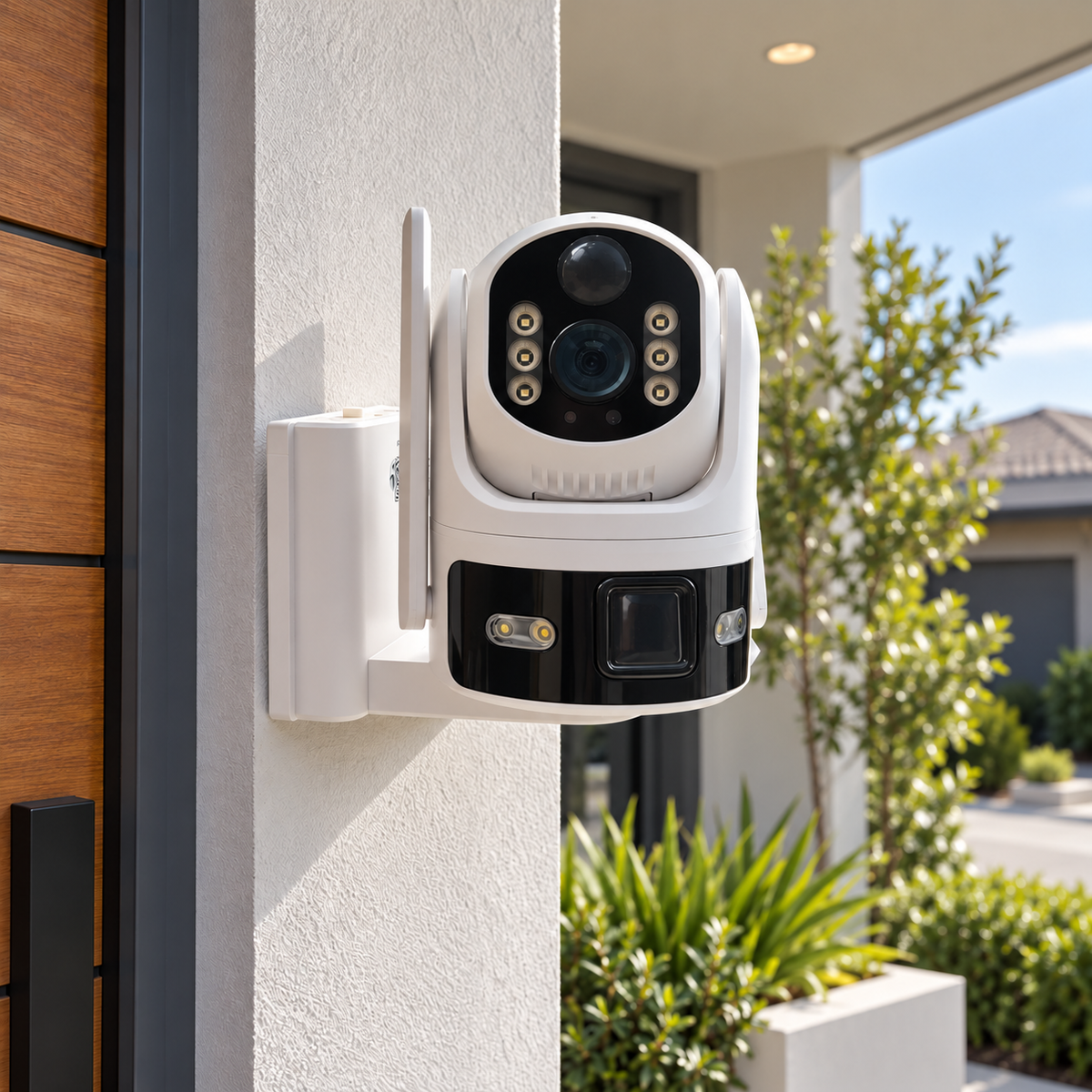 Dual-view camera beside a home entrance, protective film removed