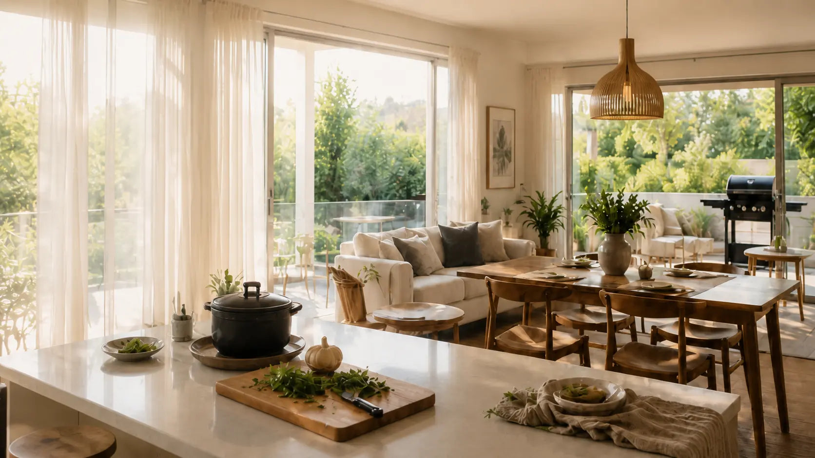 Sunlit kitchen, timber dining table and relaxed living space opening to a garden