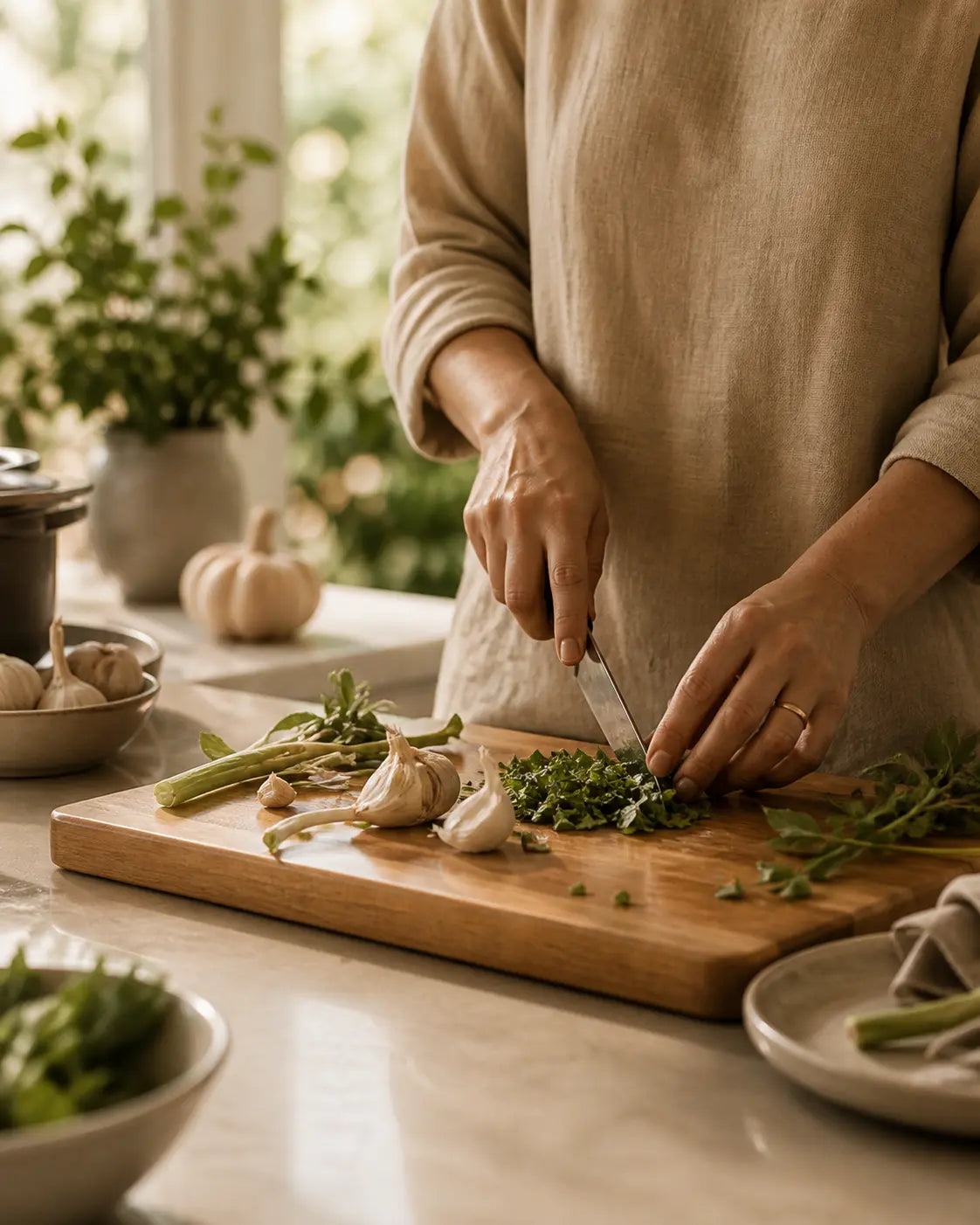 Preparing food in a warm timber kitchen
