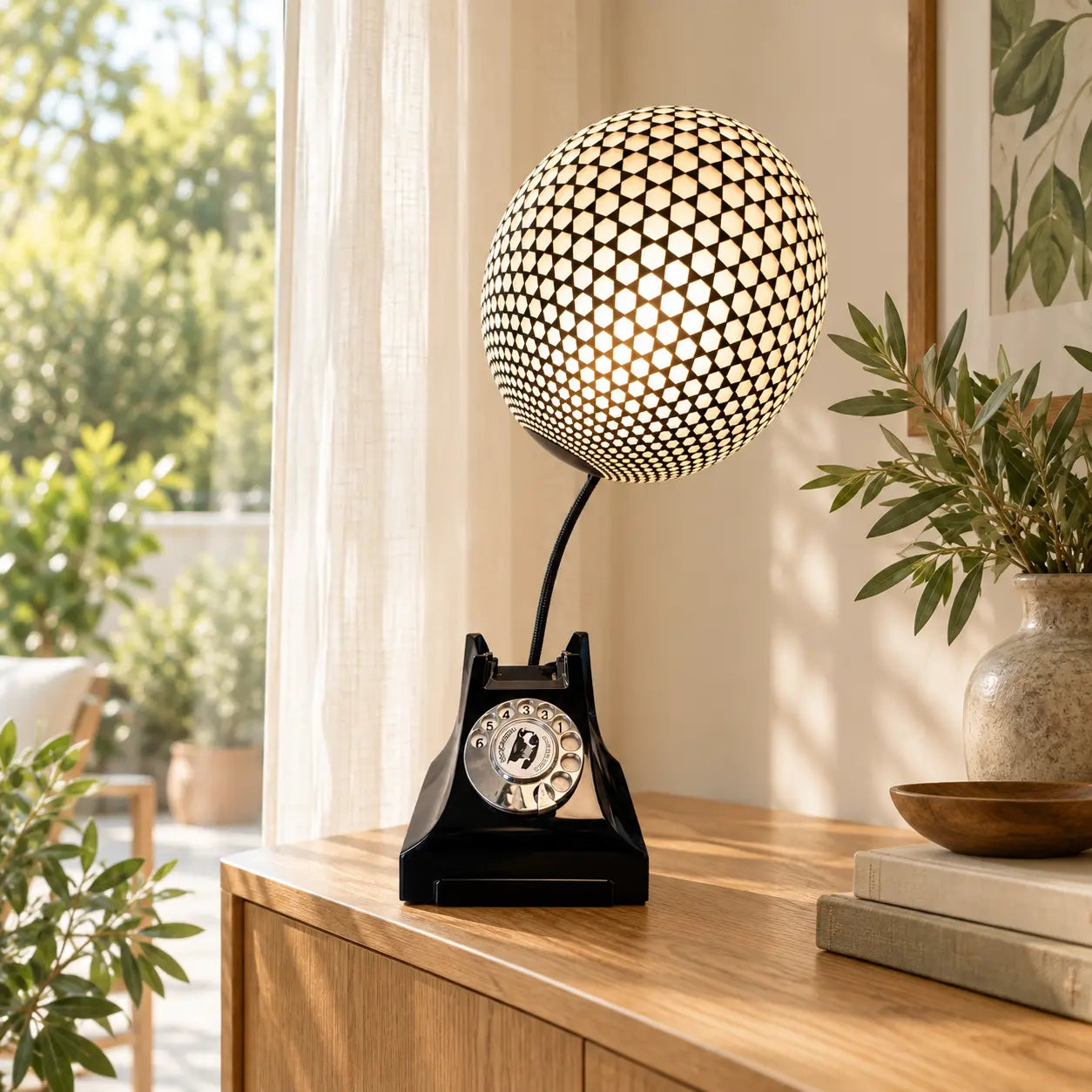 Telephone lamp in a warm timber and linen home setting