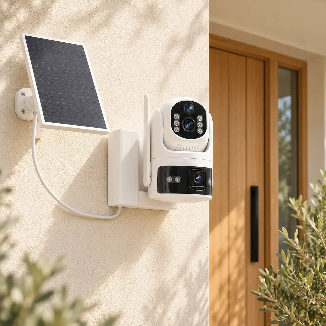 Solar security camera and panel beside a timber front door